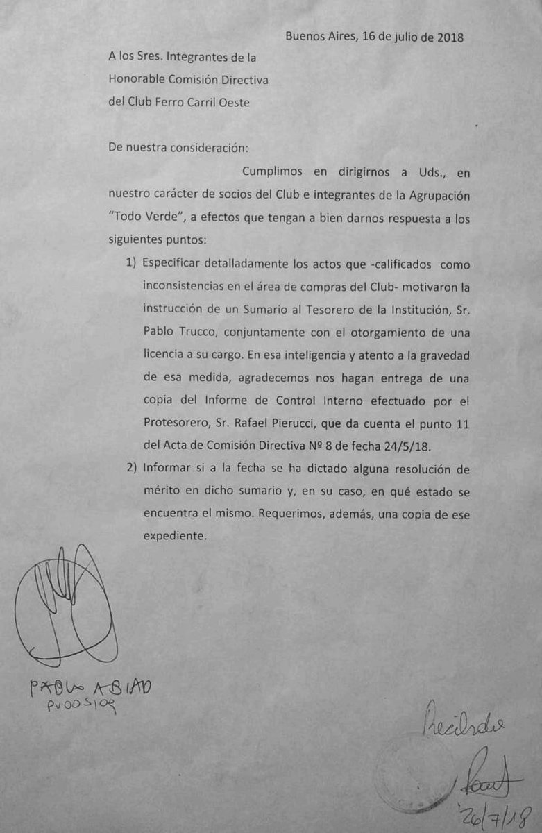 Nota presentada por Todo Verde a la Comisión Directiva de Ferro - Hoja 1 Nota presentada por Todo Verde a la Comisión Directiva de Ferro - Hoja 1
