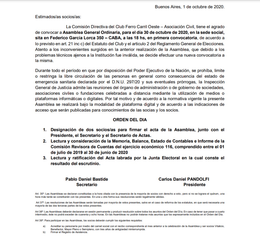 Convocatoria Asamblea 30/10/2020 Convocatoria Asamblea 30/10/2020